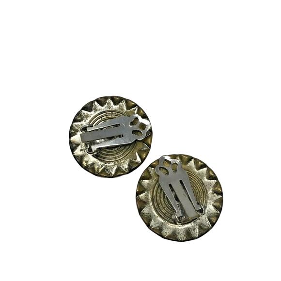 Round Green Gem Clip-on Earrings Rhinestone Trim Vintage - Picture 4 of 5